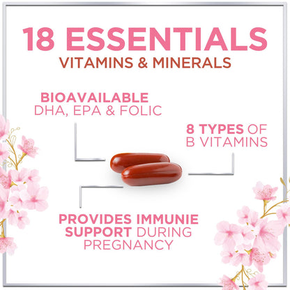 Prenatal Vitamins for Women with Folic Acid & DHA, Brain Development Support with Folate & Omega 3's, Multivitamin with Vitamin A, C, D, B6, B12 & Iron, Pregnancy Supplement - 60 Softgels