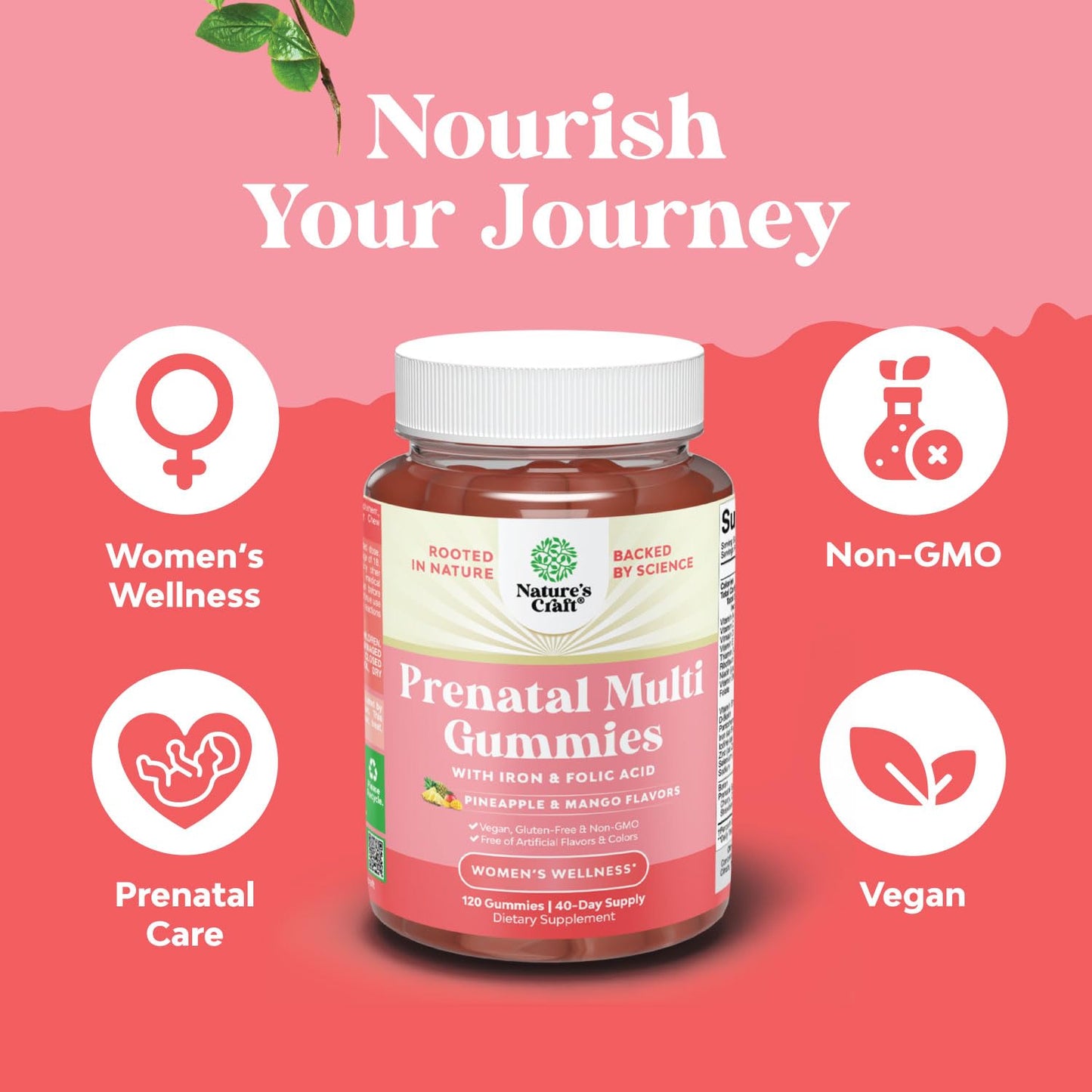 Vegan Prenatal Gummies with Iron & Folic Acid – Pineapple Mango, 40-Day Supply