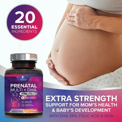 Prenatal Vitamins with Folic Acid & DHA - 240 Softgels | Omega-3 & Iron