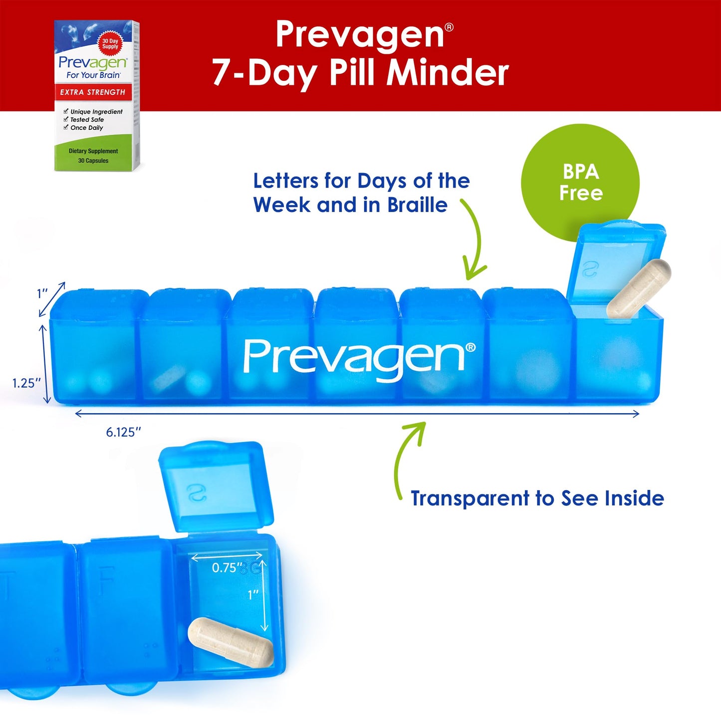 Prevagen Extra Strength - 30 Caps | Apoaequorin 20mg + Vitamin D3 | 7-Day Pill Minder