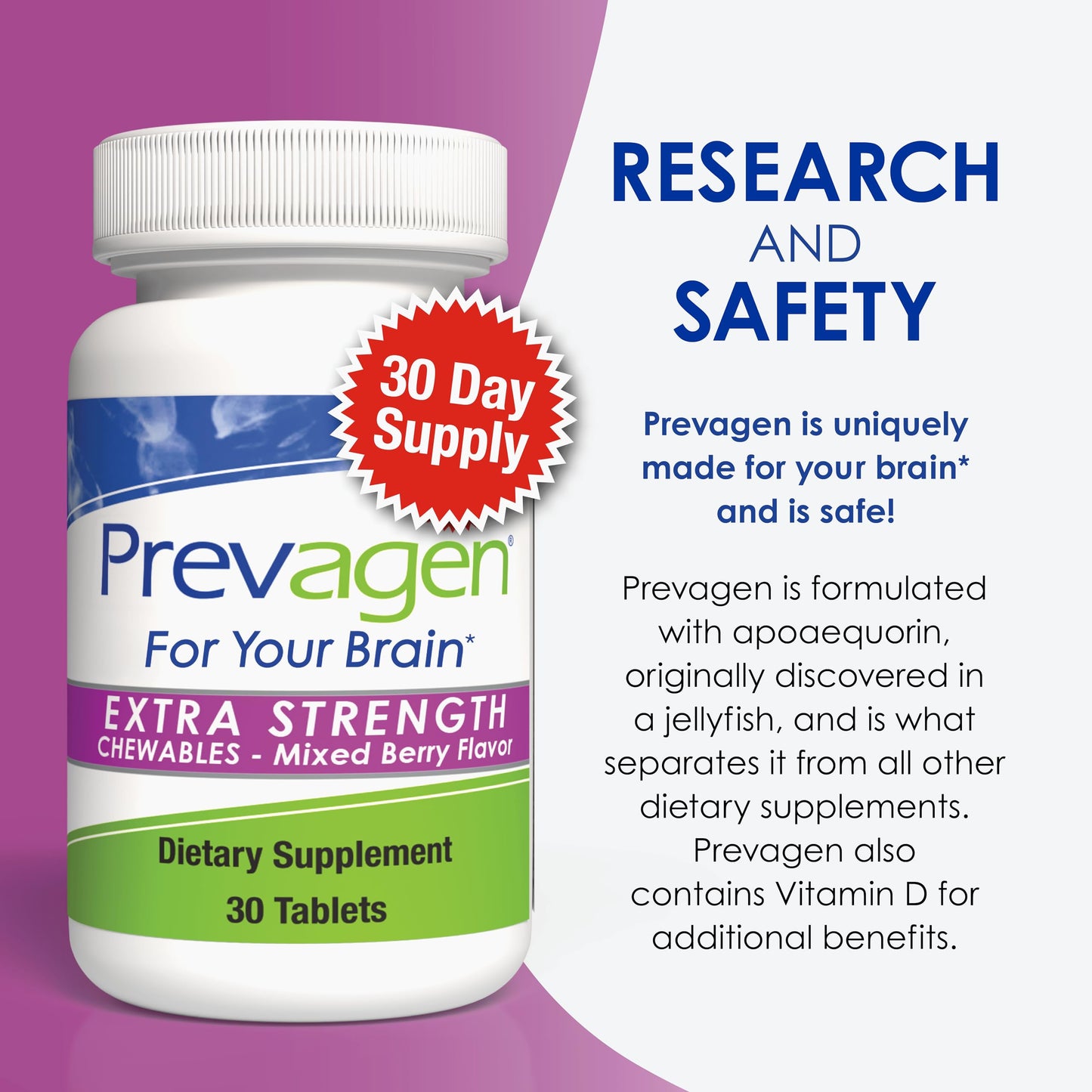 Prevagen Extra Strength Mixed Berry Chewables – 30 Tablets (1 Month) | Apoaequorin 20 mg + Vitamin D3 | 7-Day Pill Minder