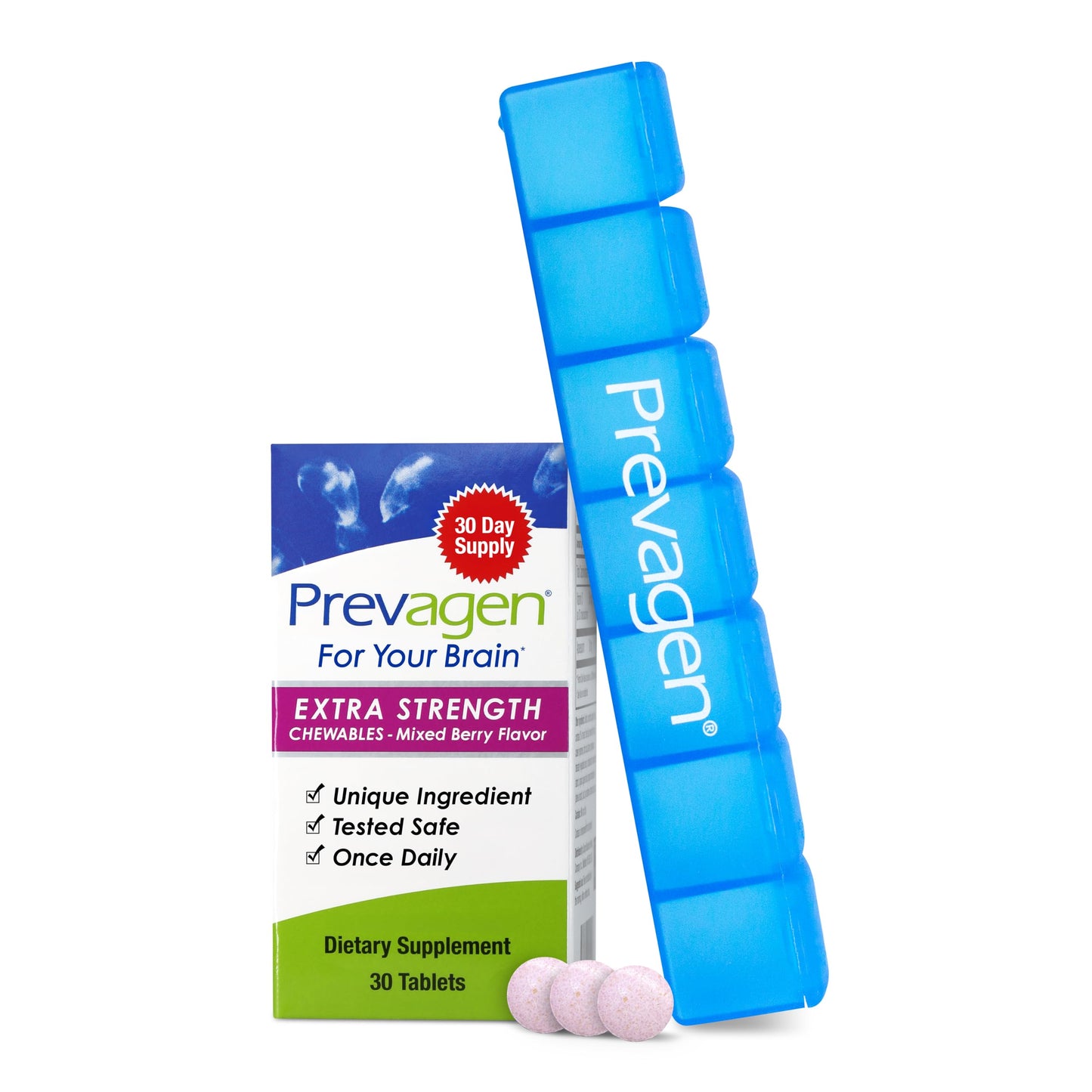Prevagen Extra Strength Mixed Berry Chewables – 30 Tablets (1 Month) | Apoaequorin 20 mg + Vitamin D3 | 7-Day Pill Minder