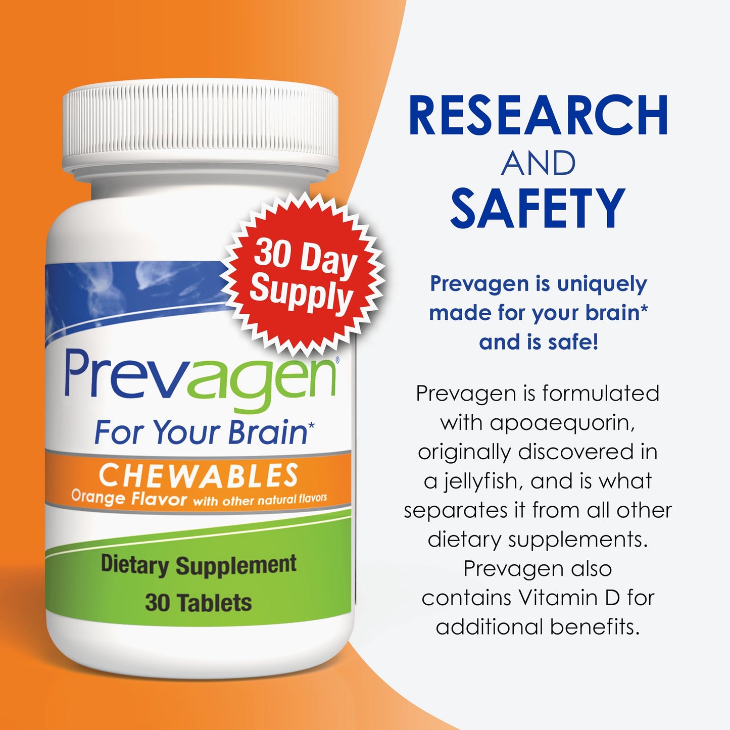Prevagen Regular Strength Orange Chewables — 30 Tablets (1 Month) | 10 mg Apoaequorin + Vitamin D3 | 7-Day Pill Minder