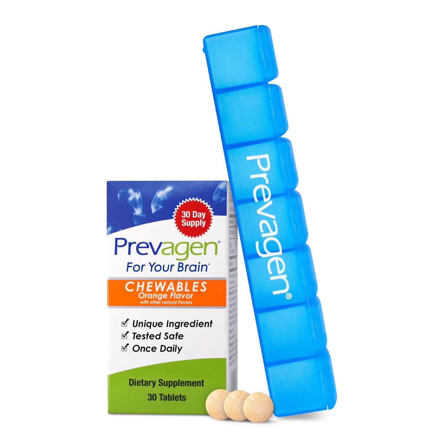 Prevagen Regular Strength Orange Chewables — 30 Tablets (1 Month) | 10 mg Apoaequorin + Vitamin D3 | 7-Day Pill Minder