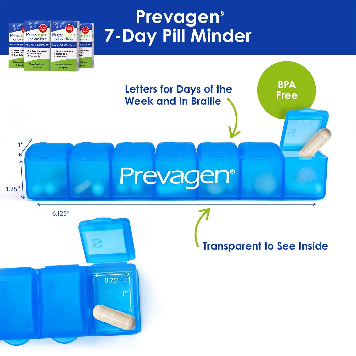 Prevagen Regular Strength - 120 Capsules | Apoaequorin + Vitamin D3 | 7-Day Pill Minder