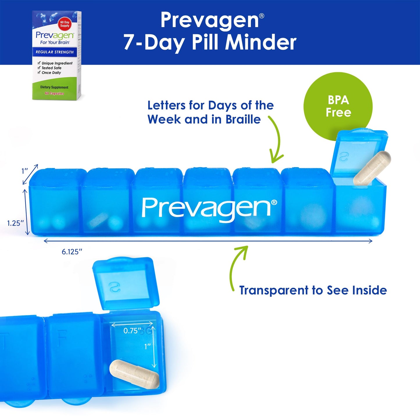 Prevagen Regular Strength 60 Capsules | Apoaequorin + Vitamin D3 | 7-Day Pill Minder
