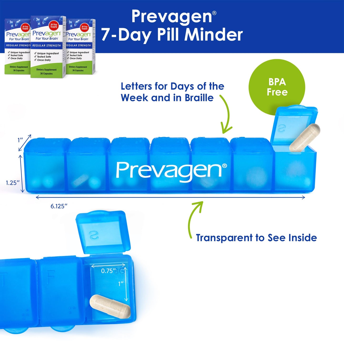 Prevagen Regular Strength - 90 Capsules (3 Month Supply) | Apoaequorin + Vitamin D3 | 7-Day Pill Minder