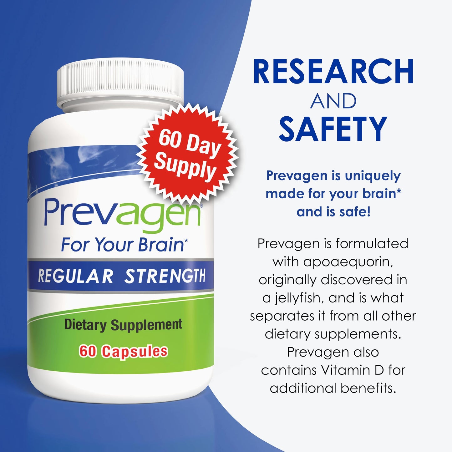 Prevagen Regular Strength - 60 Capsules (2 Month Supply) | Apoaequorin 10 mg + Vitamin D3