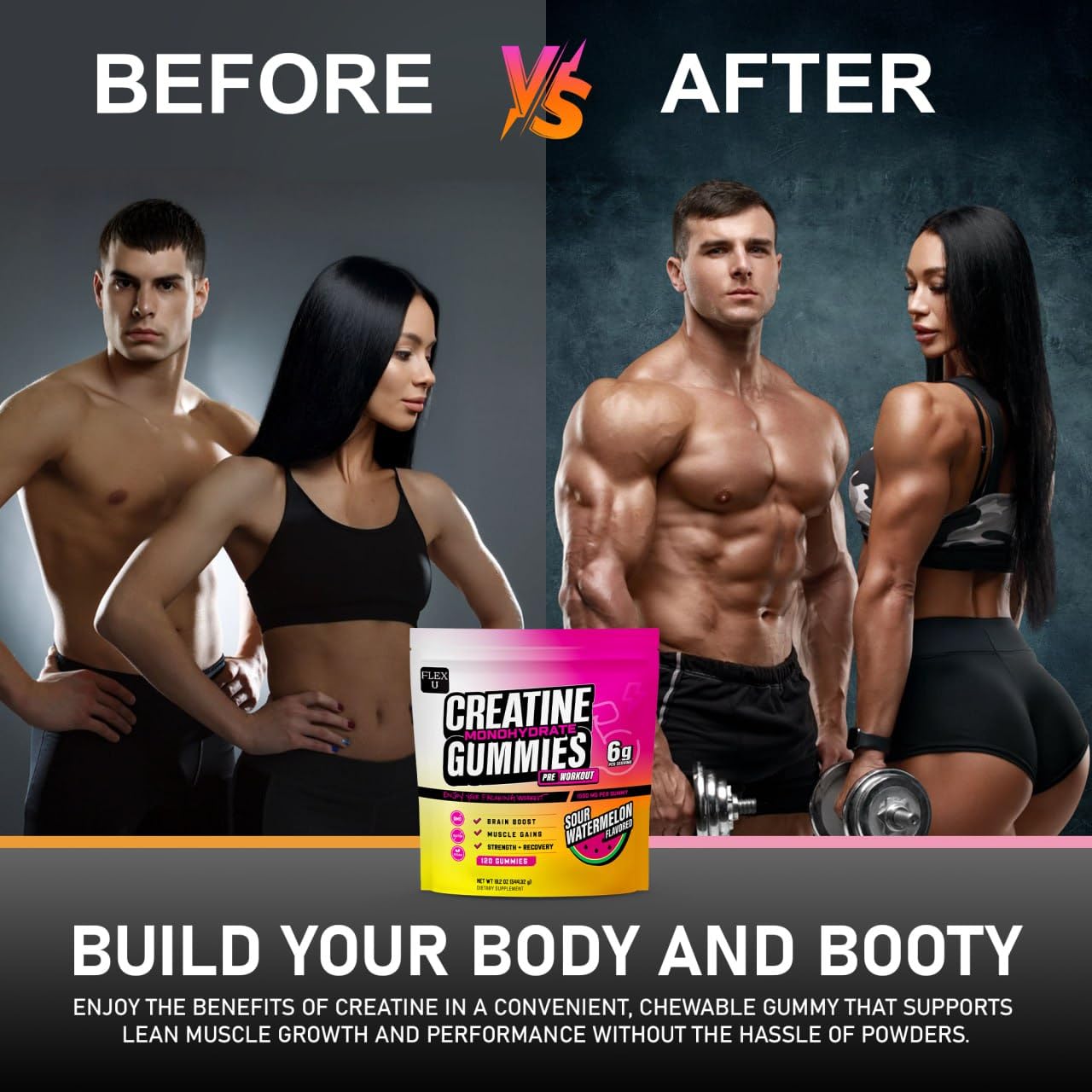 Creatine PreWorkout Gummies - 6g Monohydrate Per Serving | Vegan Watermelon | 120 Ct