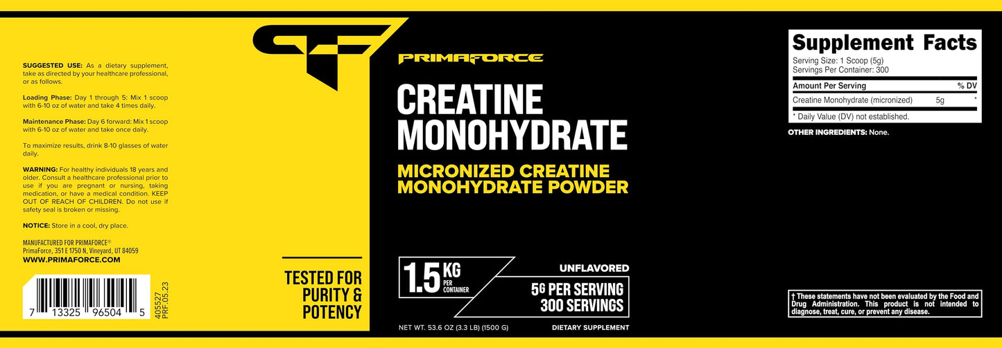 Primaforce Creatine Monohydrate 1.5 KG – Micronized Powder (300 Servings)