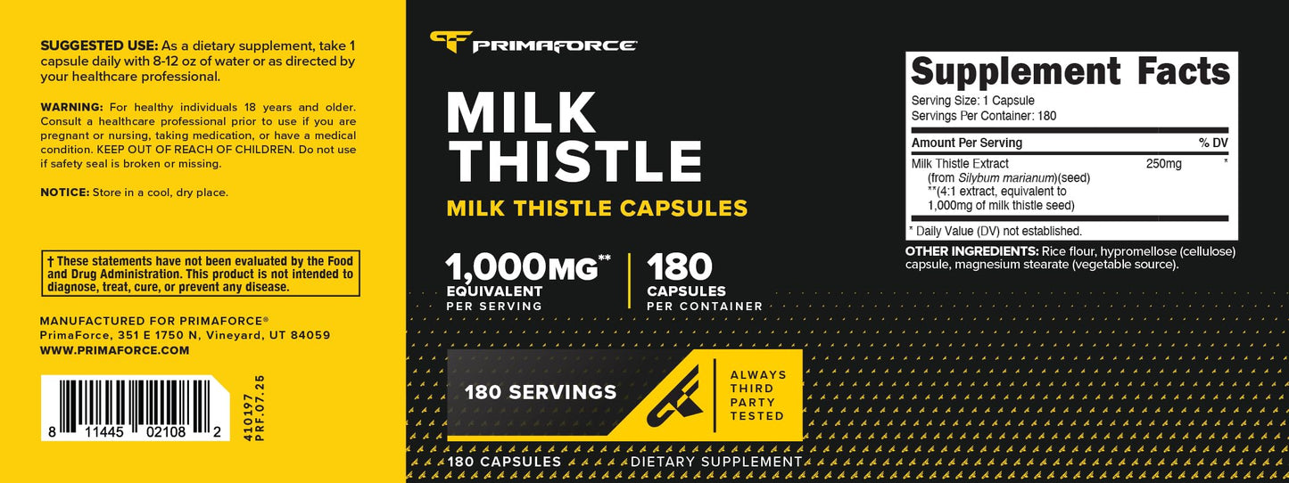 Primaforce Milk Thistle 180 Capsules - 1000mg Equivalent (4:1) Gluten Free, Non-GMO