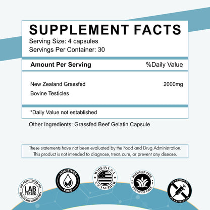 Primal Being Grassfed Beef Testes Capsules – NZ Sourced, 2,000 mg per Serving, 120 Capsules