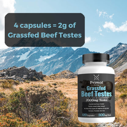 Primal Being Grassfed Beef Testes Capsules – NZ Sourced, 2,000 mg per Serving, 120 Capsules