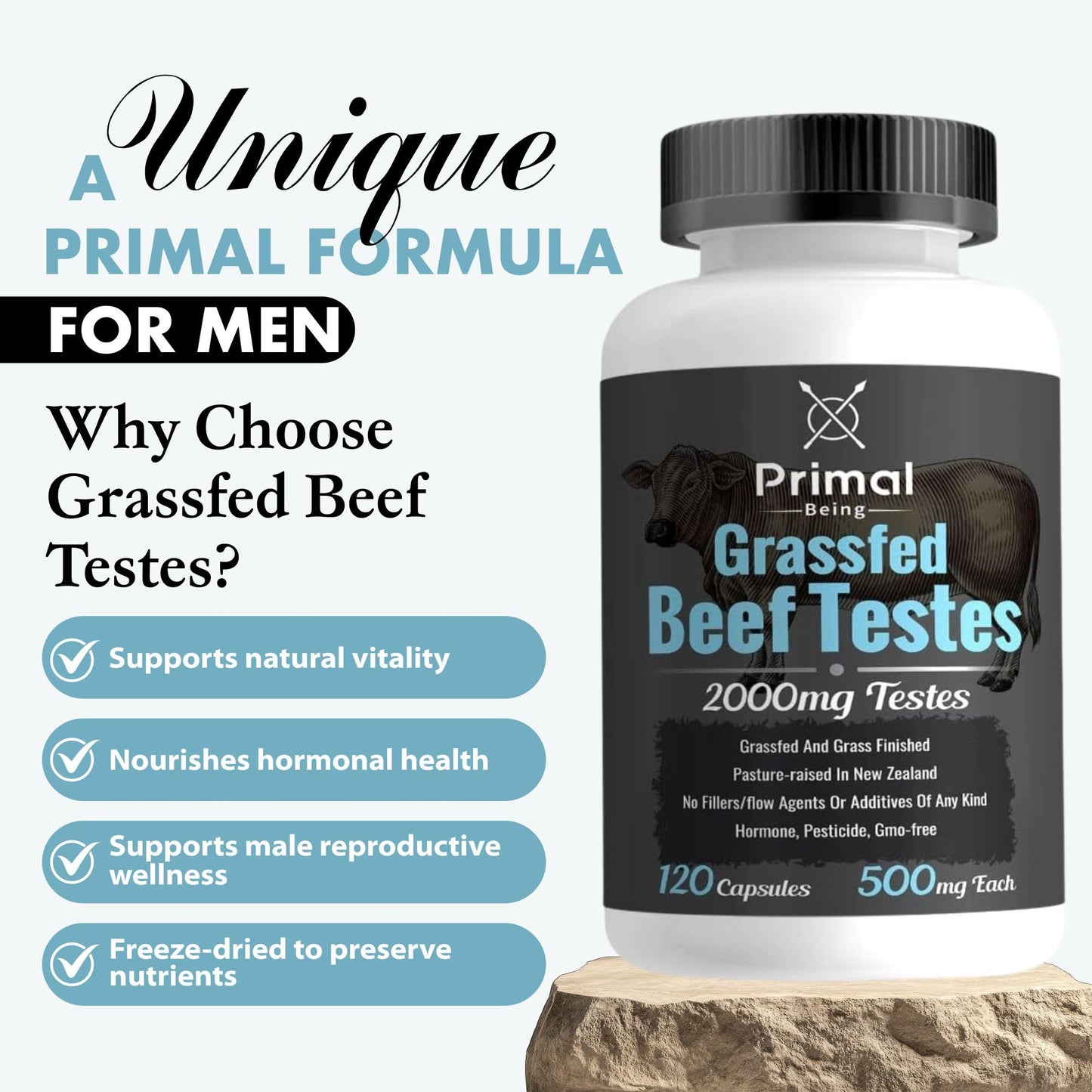 Primal Being Grassfed Beef Testes Capsules – NZ Sourced, 2,000 mg per Serving, 120 Capsules