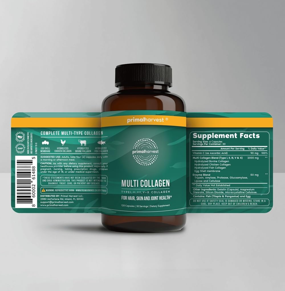 Primal Harvest 2 Pack Multi Collagen Pills (Type I–X) – 120 Capsules with Vitamin C