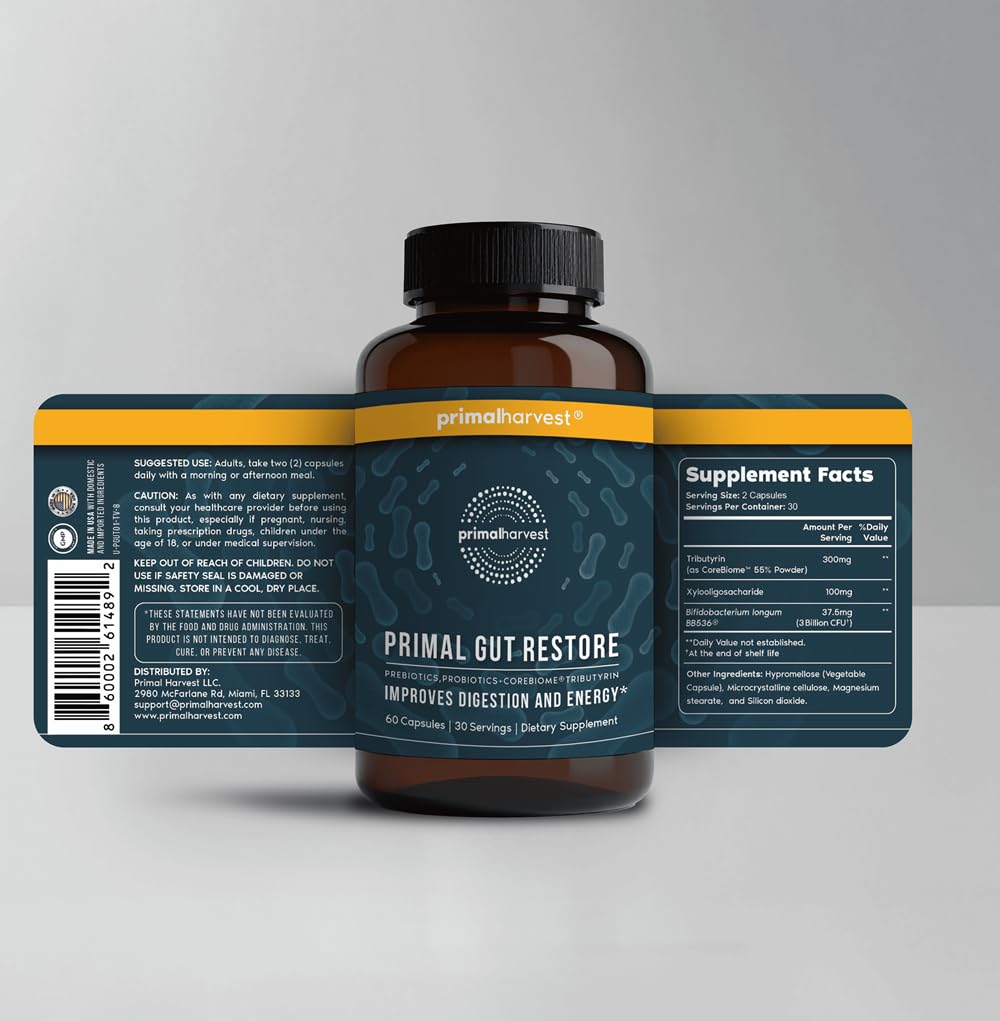 Primal Harvest 2 Pack Primal Gut Restore for Digestive Health | Prebiotics Probiotics Postbiotics (60 CT)