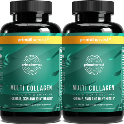 Primal Harvest 2 Pack Multi Collagen Pills (Type I–X) – 120 Capsules with Vitamin C
