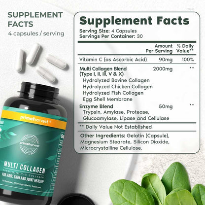 Primal Harvest 2 Pack Multi Collagen Pills (Type I–X) – 120 Capsules with Vitamin C