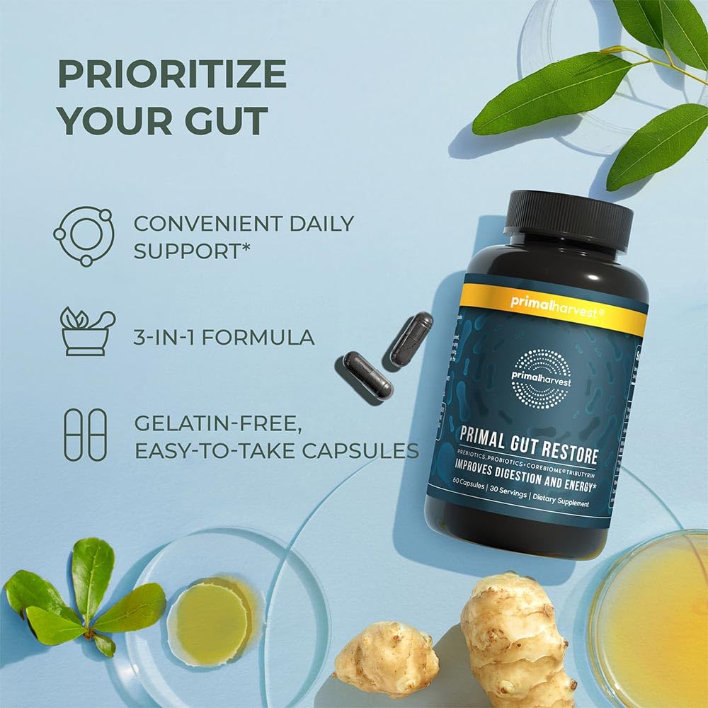 Primal Harvest 2 Pack Primal Gut Restore for Digestive Health | Prebiotics Probiotics Postbiotics (60 CT)