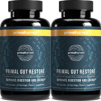 Primal Harvest 2 Pack Primal Gut Restore for Digestive Health | Prebiotics Probiotics Postbiotics (60 CT)