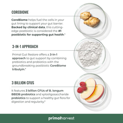 Primal Harvest 2 Pack Primal Gut Restore for Digestive Health | Prebiotics Probiotics Postbiotics (60 CT)