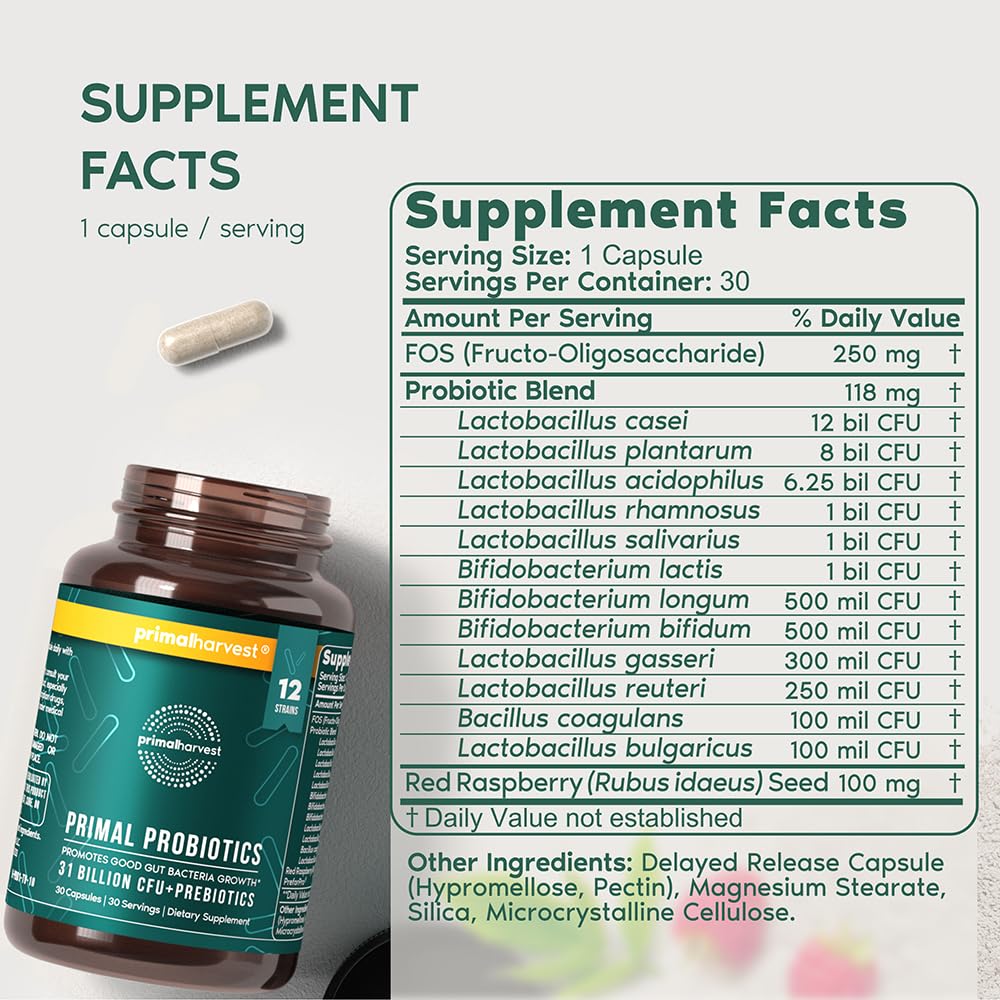 Primal Harvest Probiotics for Women & Men – Daily Probiotic Supplement, 12 Strains, 30 Capsules