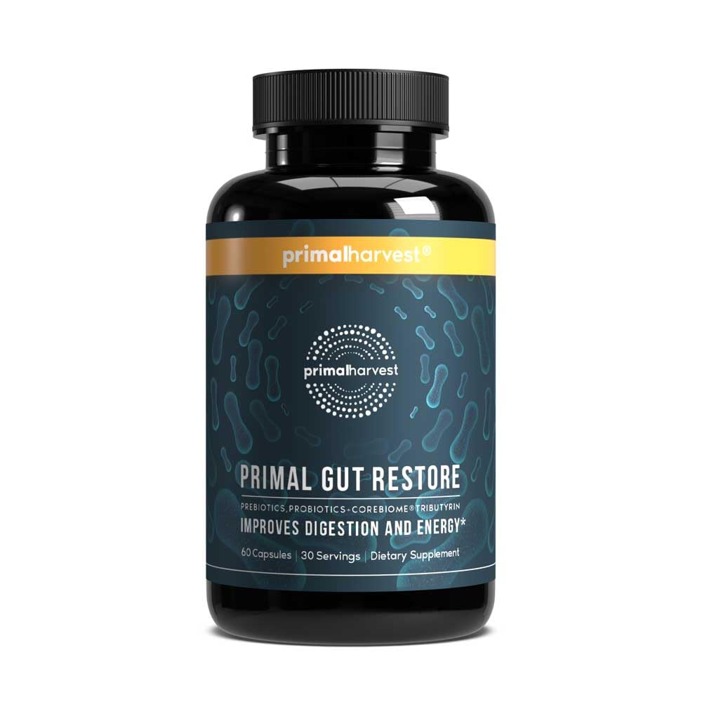 Primal Harvest Restore Gut Health – PRE/PRO/Postbiotics, 60 CT | Digestive Support for Women & Men