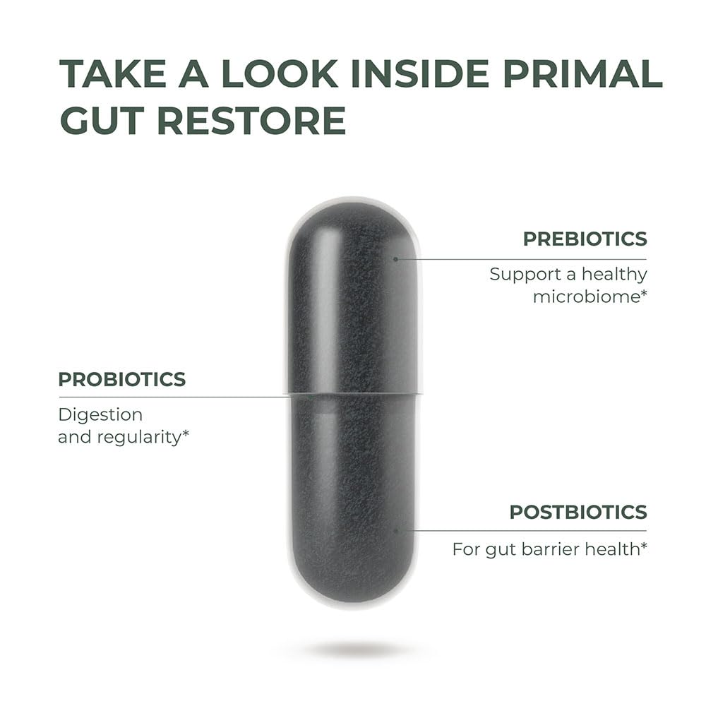 Primal Harvest Restore Gut Health – PRE/PRO/Postbiotics, 60 CT | Digestive Support for Women & Men