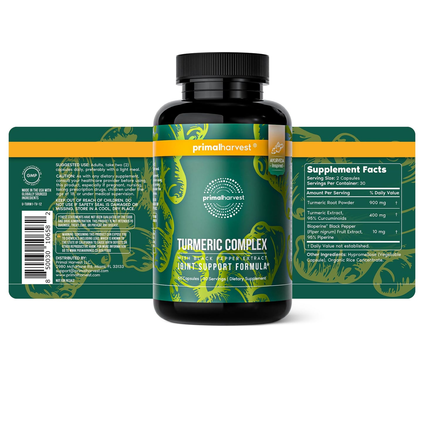 Primal Harvest 2-Pack Turmeric Complex with Black Pepper - Joint & Mobility Support, 120 Capsules