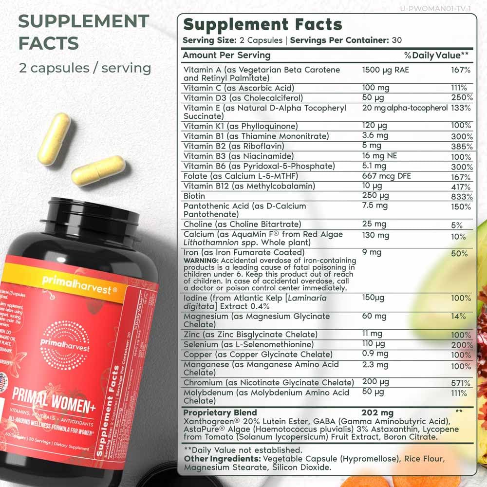 Primal Harvest Women's Multivitamin – Energy, Immune Support, Skin & Mood | 60 Capsules (2-Pack)