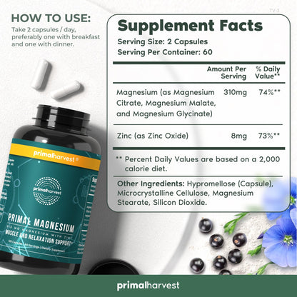 Primal Harvest Magnesium Complex 310mg with Glycinate, Citrate, Malate + Zinc — 2 Pack, 240 Capsules