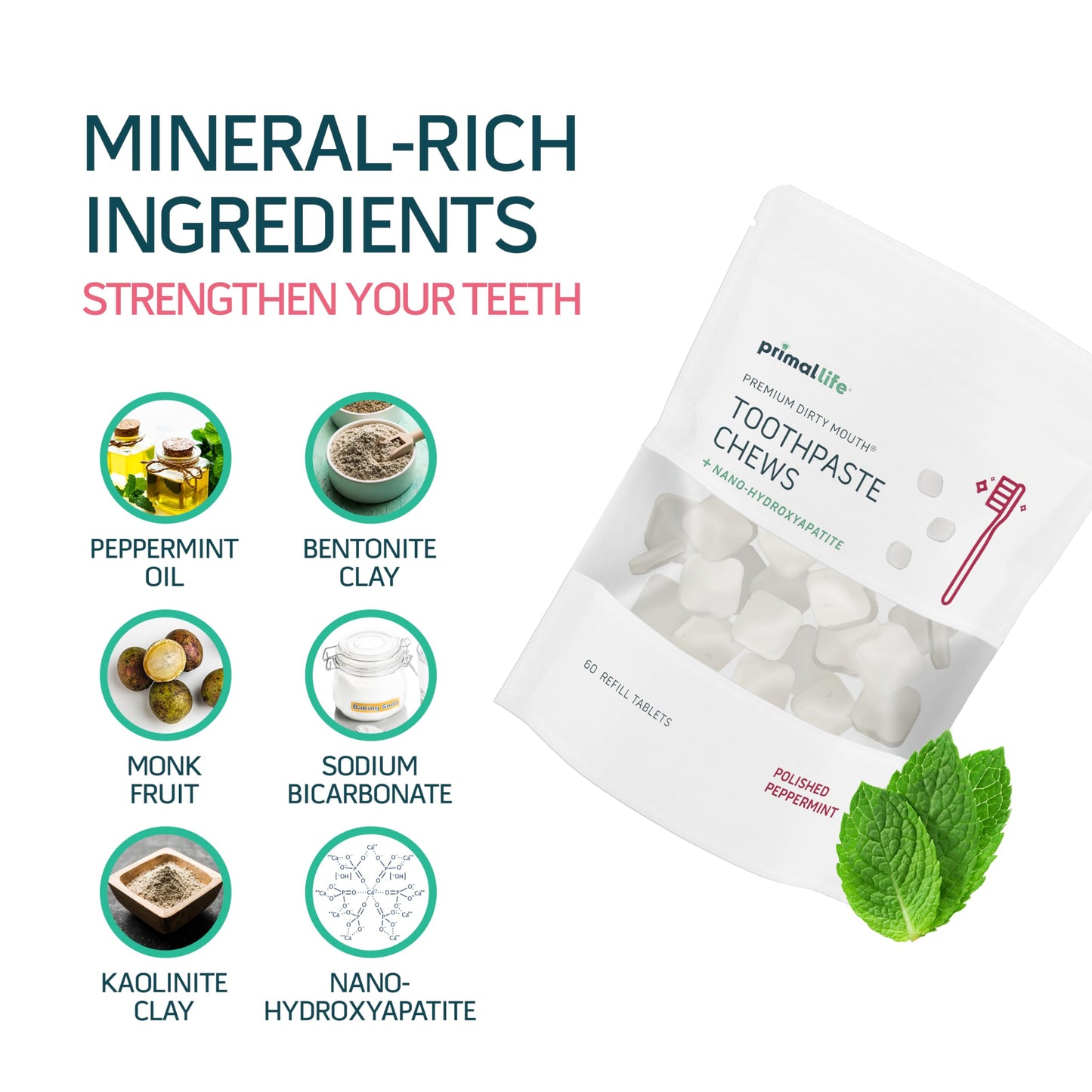 Primal Life Organics Dirty Mouth Chews – Nano-Hydroxyapatite Whitening, 60 Tabs, Polished Peppermint