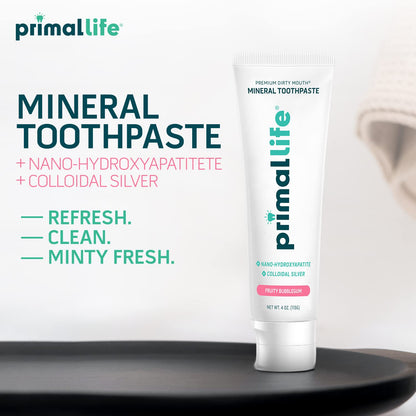 Primal Life Organics Dirty Mouth Toothpaste - Nano-Hydroxyapatite, Charcoal & Colloidal Silver (Bubblegum Flavor, 4oz)