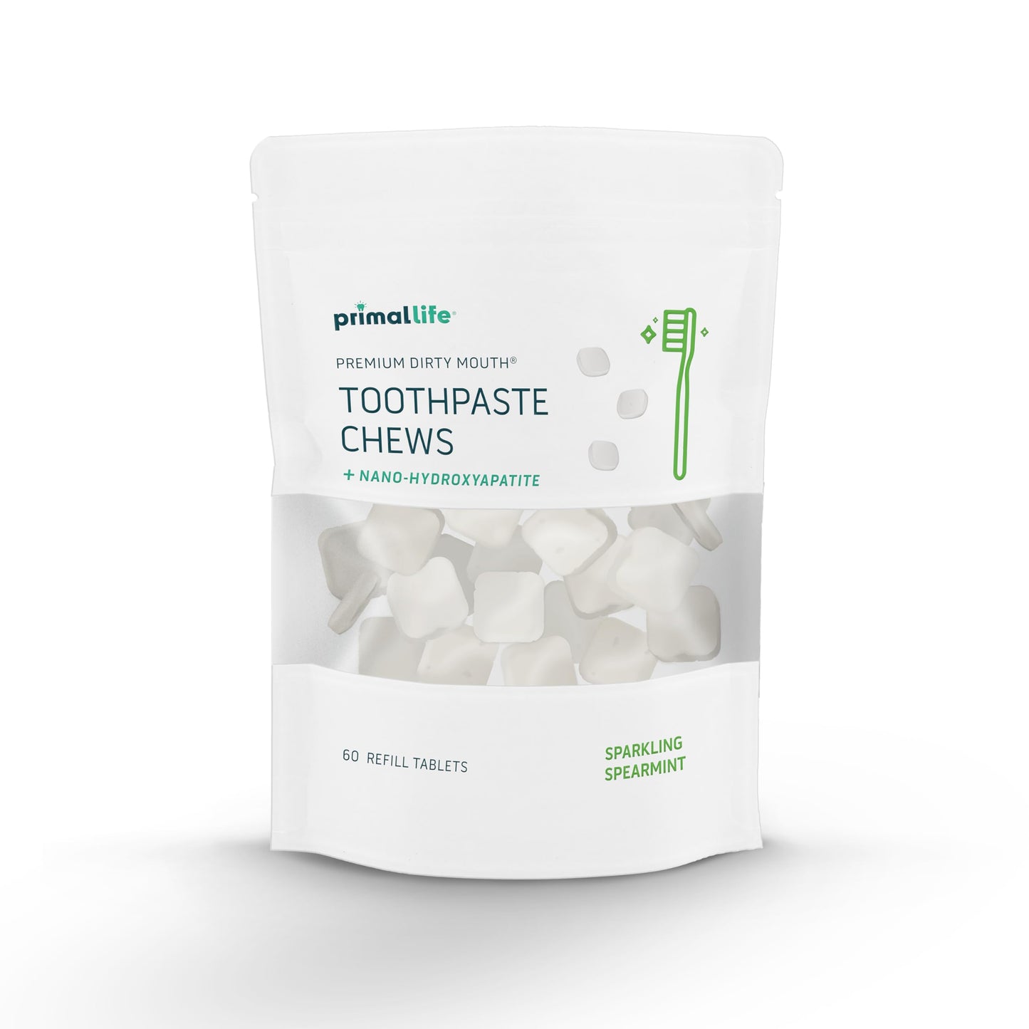 Primal Life Organics Dirty Mouth Toothpaste Chews – Nano-Hydroxyapatite Whitening, 60-Count Bag, Sparkling Spearmint