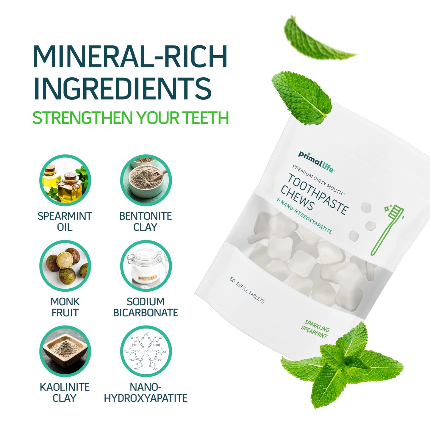 Primal Life Organics Dirty Mouth Toothpaste Chews – Nano-Hydroxyapatite Whitening, 60-Count Bag, Sparkling Spearmint