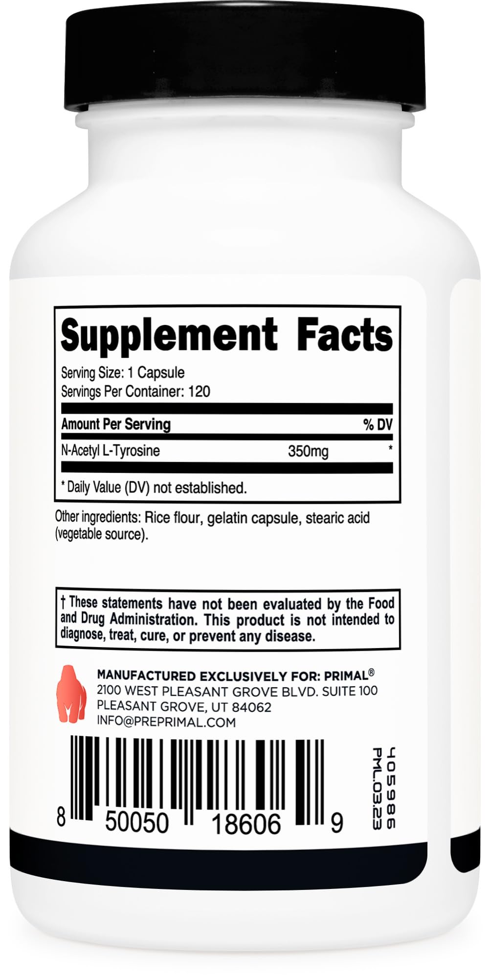Primal N-Acetyl L-Tyrosine Capsules (120 Servings, 350 mg) – Gluten Free, Non-GMO
