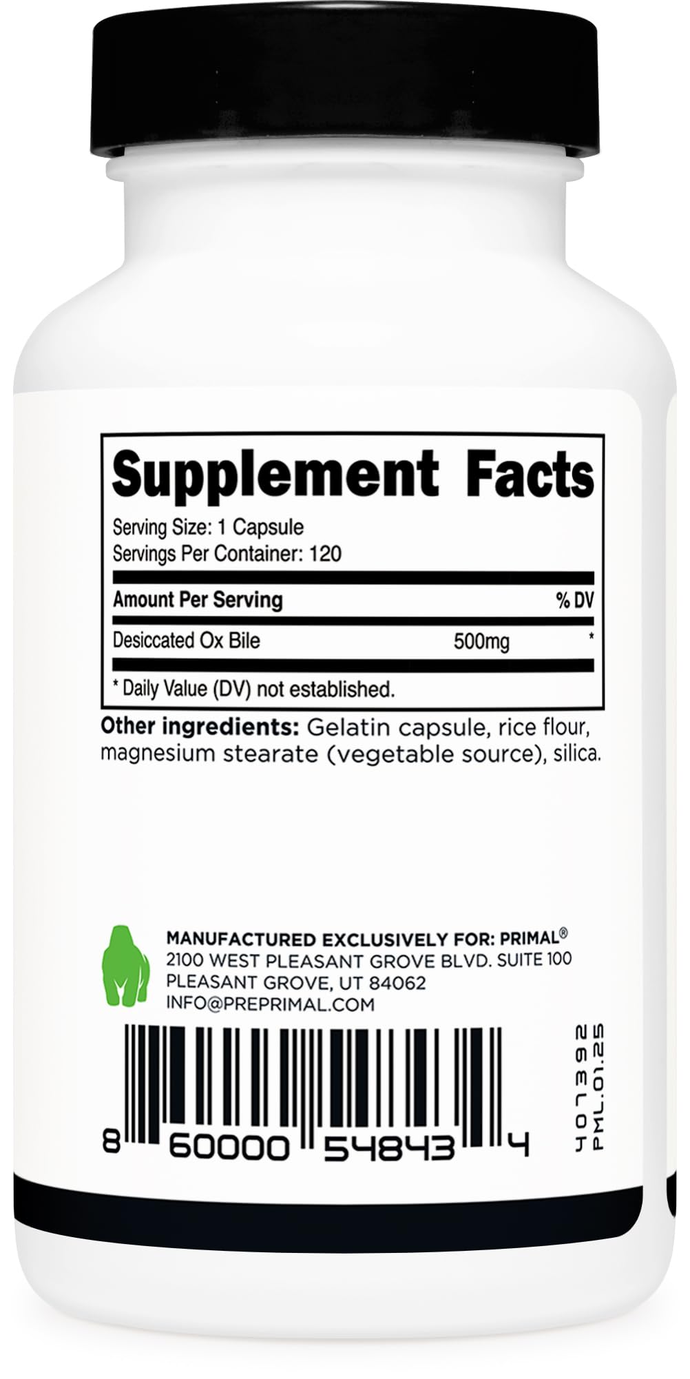 Primal Ox Bile - 120 Capsules | 500 mg per Serving | Gluten-Free & Non-GMO | Third-Party Tested
