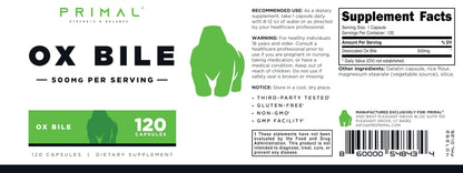 Primal Ox Bile - 120 Capsules | 500 mg per Serving | Gluten-Free & Non-GMO | Third-Party Tested