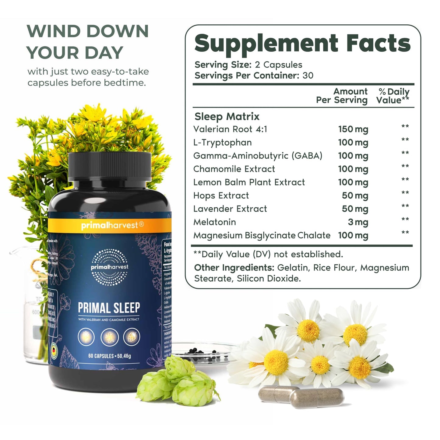 Primal Sleep 2 Pack by Primal Harvest – 120 Capsules (Valerian, L-Tryptophan, GABA, Chamomile, Melatonin 3 mg)