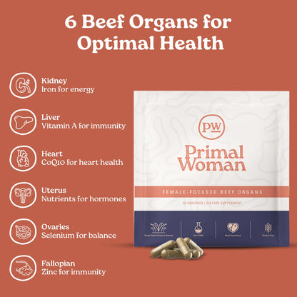 Primal Woman Beef Organ Capsules for Women — Grass-Fed Liver & Heart Support (60 Capsules)