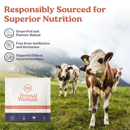 Primal Woman Beef Organ Capsules for Women — Grass-Fed Liver & Heart Support (60 Capsules)