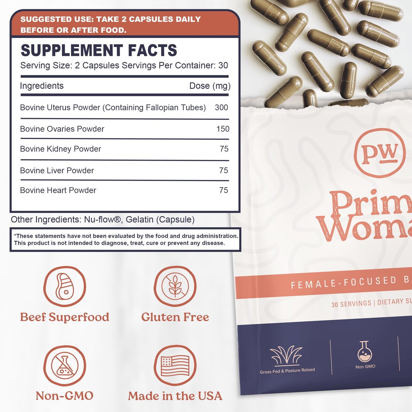 Primal Woman Beef Organ Capsules for Women — Grass-Fed Liver & Heart Support (60 Capsules)