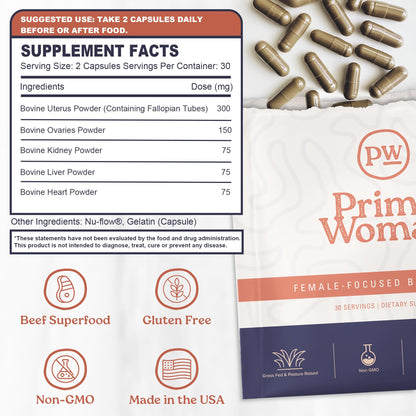 Primal Woman Beef Organ Capsules for Women — Grass-Fed Liver & Heart Support (60 Capsules)