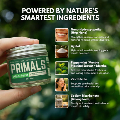 PRIMALS Fluoride-Free Toothpaste Tablets – Nano-Hydroxyapatite, 60 Count