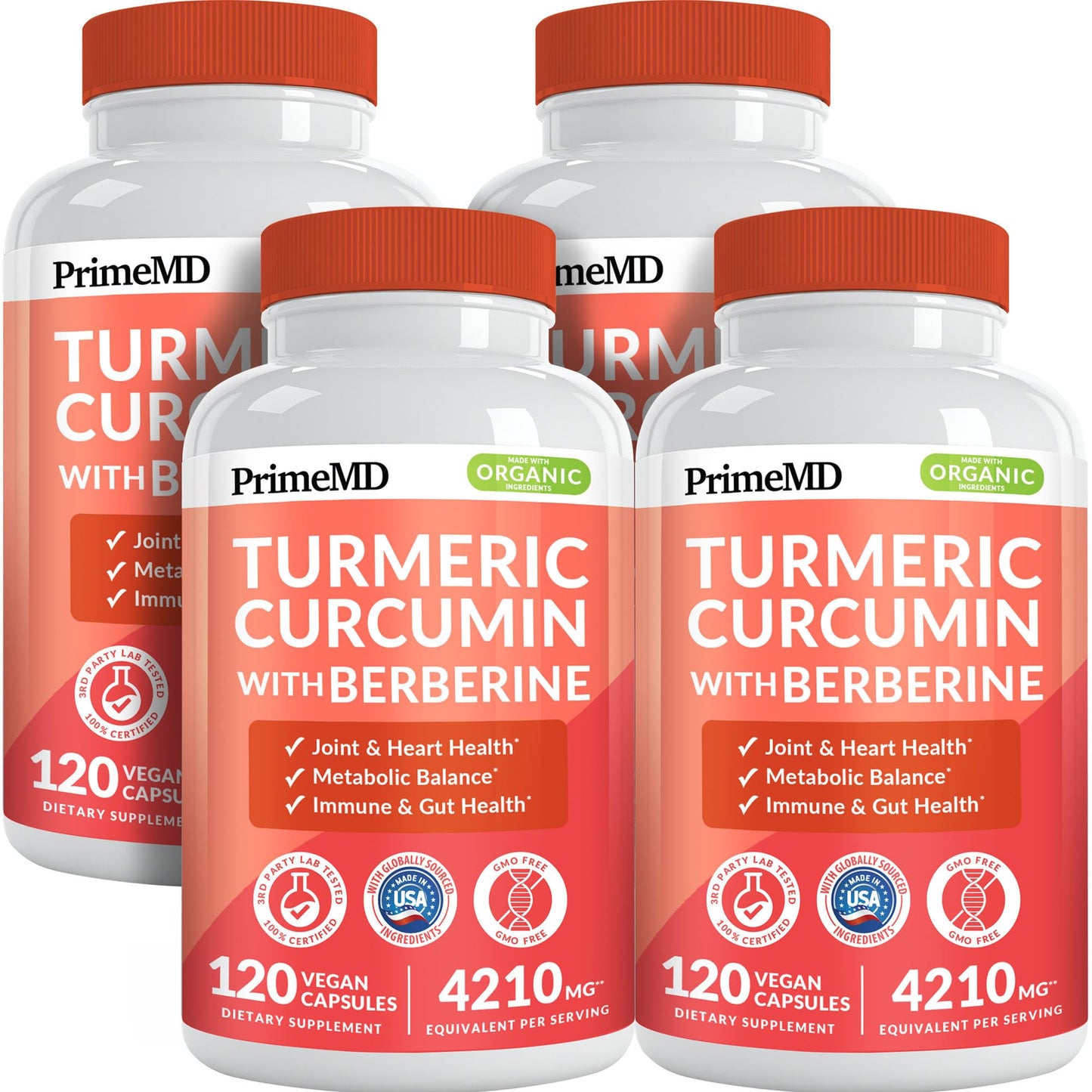 PrimeMD 5-in-1 Organic Turmeric Curcumin + Berberine & Cinnamon (4210mg) – 120 ct Pack of 4