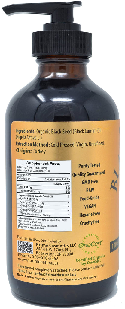 Prime Natural Organic Black Seed Oil 16oz – Cold Pressed, 1.7% Thymoquinone, USDA Organic, Turkish Origin