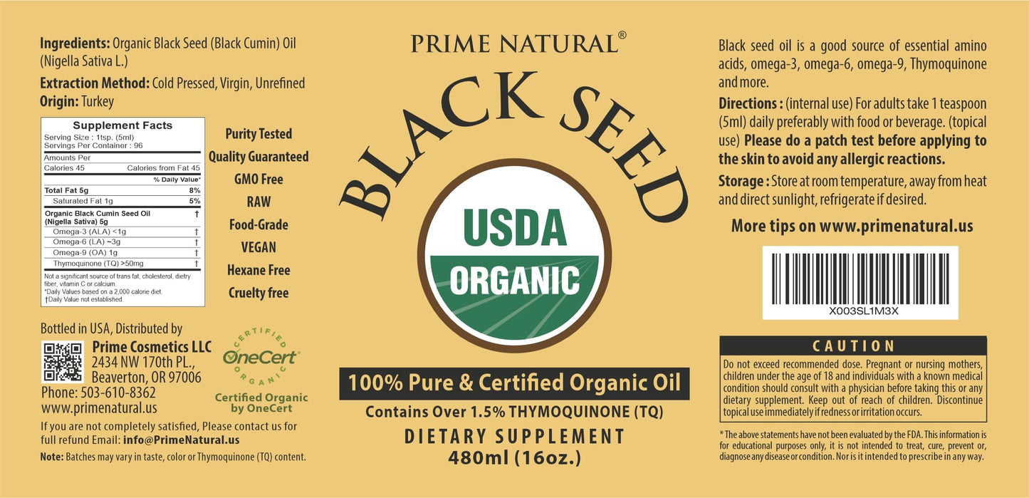 Prime Natural Organic Black Seed Oil 16oz – Cold Pressed, 1.7% Thymoquinone, USDA Organic, Turkish Origin