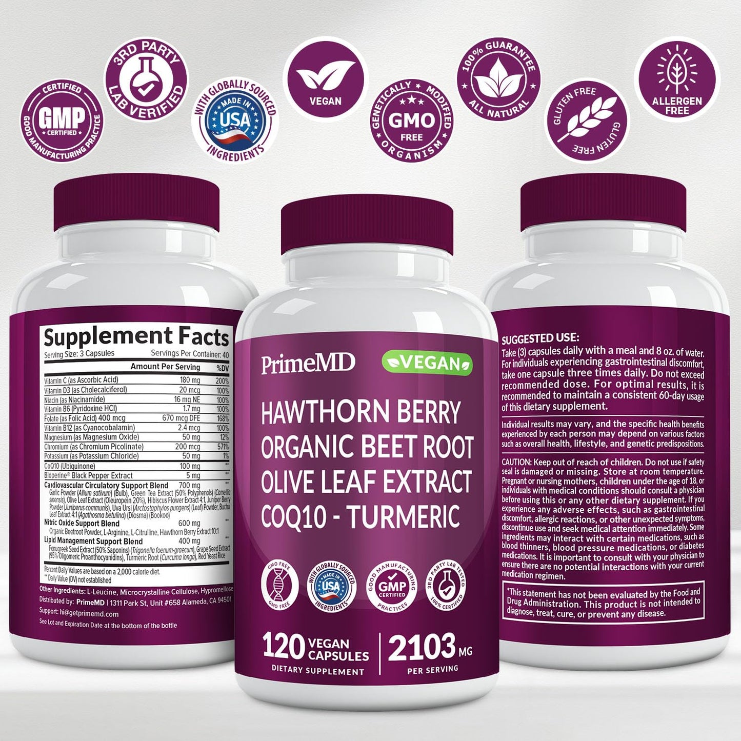 PrimeMD 26-in-1 Nitric Oxide Supplement – Heart & Circulation Support with CoQ10, Beet Root, Hawthorn & Garlic | 2103mg per Serving (120ct x 2)