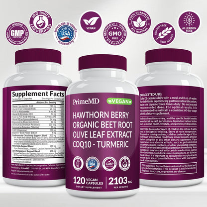 PrimeMD 26-in-1 Nitric Oxide Supplement – Heart & Circulation Support with CoQ10, Beet Root, Hawthorn & Garlic | 2103mg per Serving (120ct x 2)