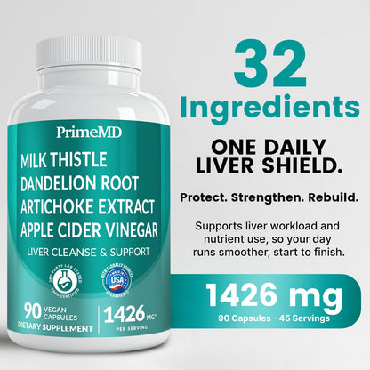 PrimeMD 32-in-1 Liver Support with Milk Thistle – 180 Count (Pack of 2) – 1426mg